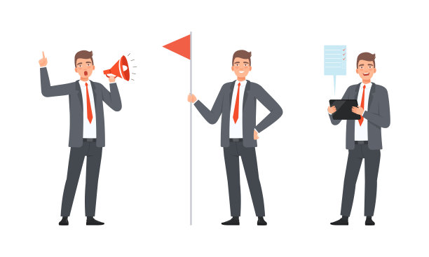 商人或办公室职员，穿着西装，打着红领带，对着扩音器大喊，手持旗子图片下载