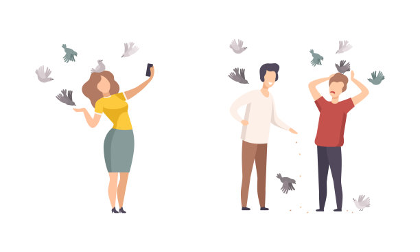 人们用面包屑喂鸟和在公园里散步自拍图片下载