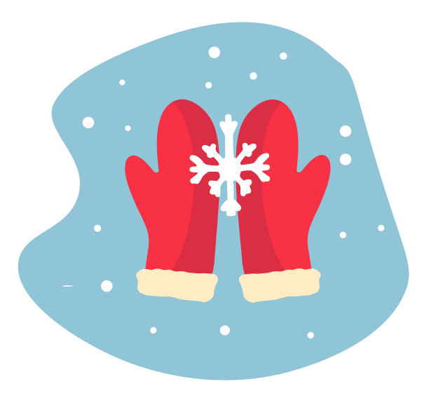 一双可爱的针织红色手套与美丽的雪花在蓝色的背景。冬天的时候。设计明信片、海报或贴纸。平面风格的矢量插图。图片下载