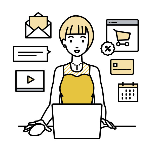 一个穿着衣服的女人用笔记本电脑浏览网站、进行数字营销、支付、管理网店、为顾客提供服务图片下载