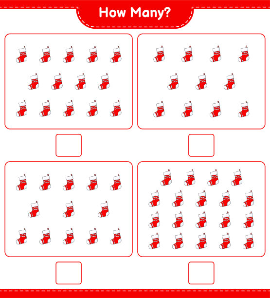 数数游戏，多少圣诞袜子。教育儿童游戏，可打印的工作表，矢量插图图片下载