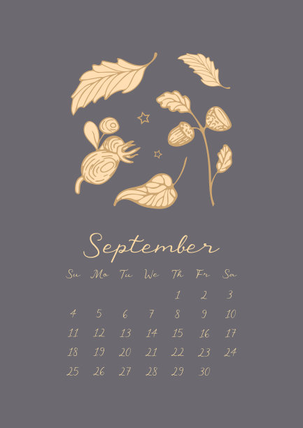 2022年的魔法日历。九月。的矢量插图。秋天的植物和浆果。叶子，小枝上的橡子，玫瑰果。用于日历，计划，笔记，组织者。手绘。图片下载