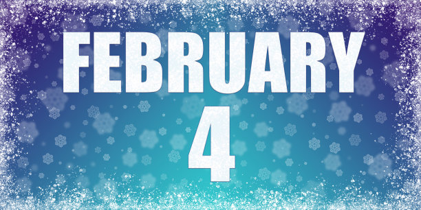 冬季蓝色梯度背景雪花和雾凇框架和日历的日期2月4日，旗帜。图片下载