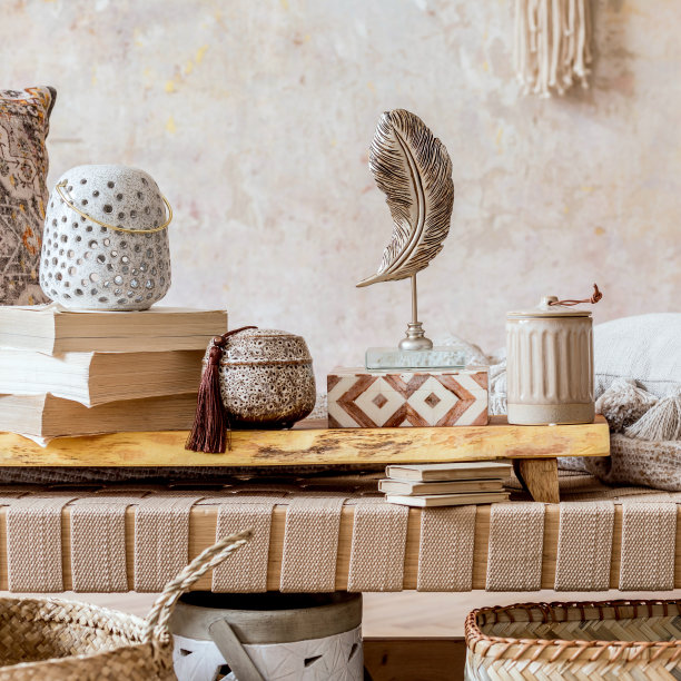 波西米亚客厅室内设计。东方家居装饰理念。《侘寂》。模板。图片下载