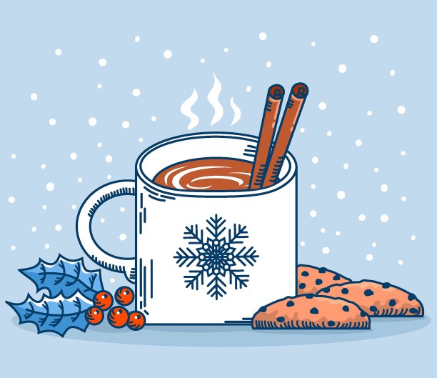 圣诞杯奶茶和巧克力饼干。向量冬季圣诞卡背景文本图片下载