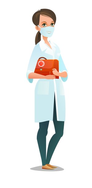 乐观的女医生穿着睡衣和幽默面具。愉快的人站姿。漫画风格扁平化设计。独立性格的女孩。插图孤立的白色背景。向量图片下载