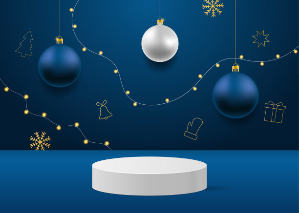 3d讲台圣诞玩具和黄金圣诞图标，现实的花环。优雅的圣诞和新年模拟场景。讲台形状展示化妆品产品展示。舞台底座或平台图片下载