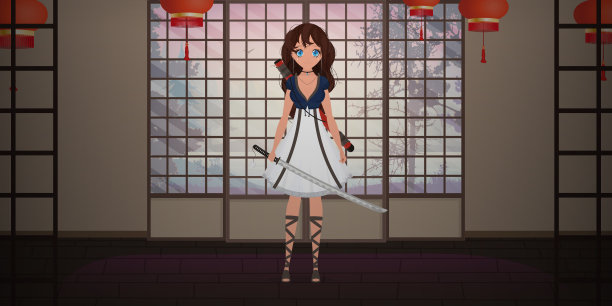 在一所日本房子的房间里，一个穿着白色衣服，拿着武士刀的女孩。动漫武士的女人。图片下载