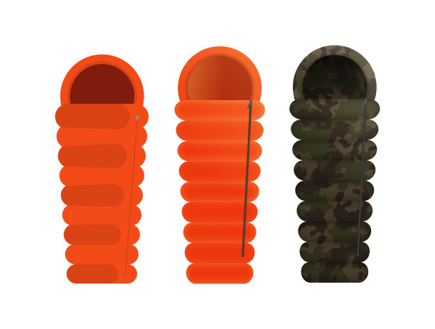 一套露营睡觉用的装备。旅游睡袋。展开睡袋。矢量图图片下载