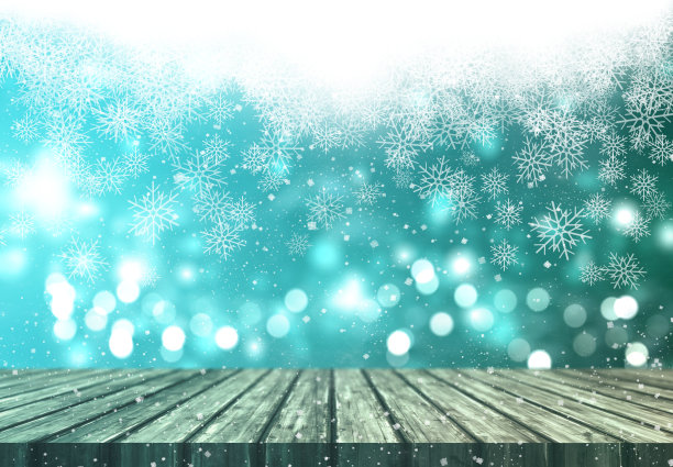 3D木制桌子看圣诞节背景与飘落的雪花图片下载