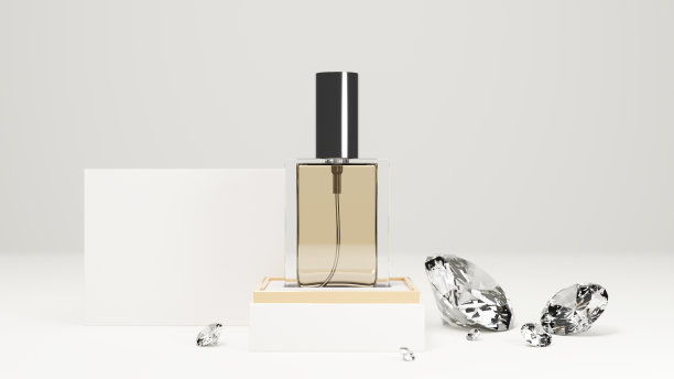 香水香水瓶模型站在白色背景的立方体讲台上图片下载