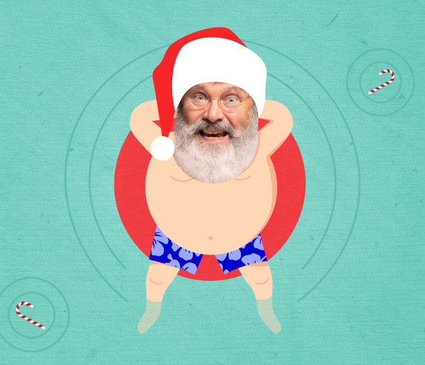 情感可爱的卡通圣诞老人在异国情调的热带国家庆祝新年和圣诞节。冬天的假期。当代艺术作品图片下载