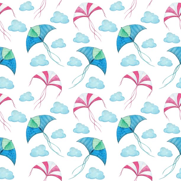 放风筝的天空与云彩，水彩插图，方形无缝图案图片下载