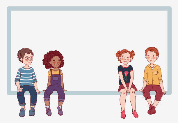 一群友好的孩子坐在白板上。快乐的男孩和女孩图片下载