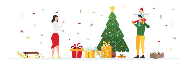 WebPeople装饰圣诞树。幸福的家庭在圣诞树和礼物旁边。圣诞快乐。矢量插图。图片下载