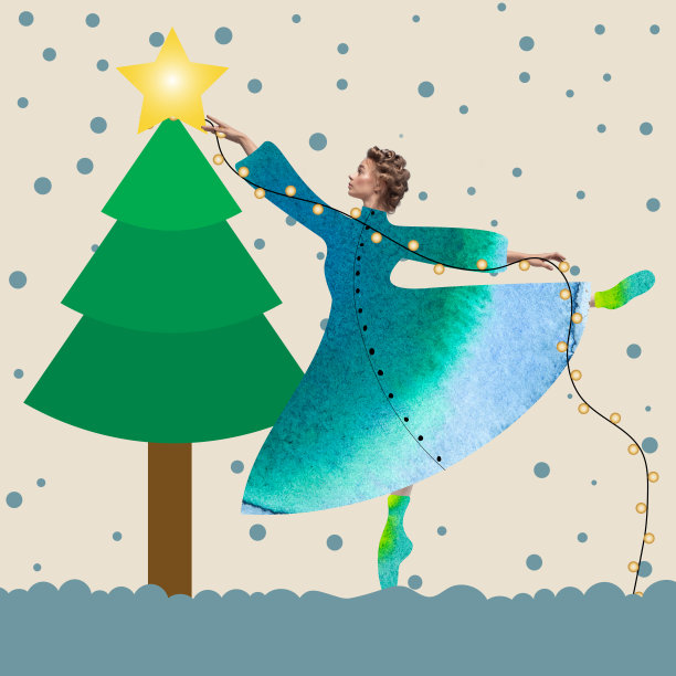 当代艺术拼贴。年轻优雅的芭蕾舞女演员准备庆祝寒假。新年快乐，2022圣诞理念。图片下载