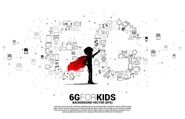 孩子的剪影在超级英雄服与6G数据技术从在线功能图标。图片下载