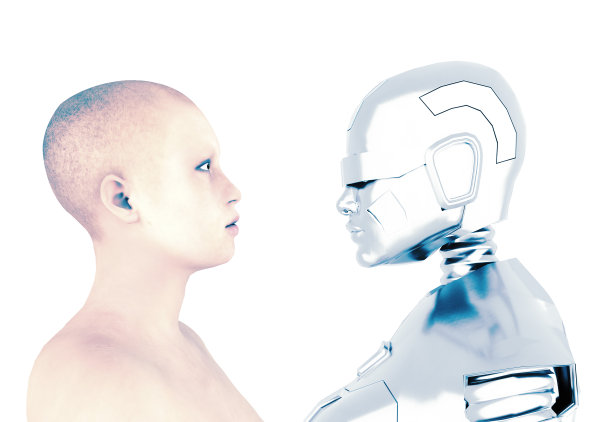 数字世界和模拟世界，人类女性和机器人女性，人类的未来。物种的进化图片下载