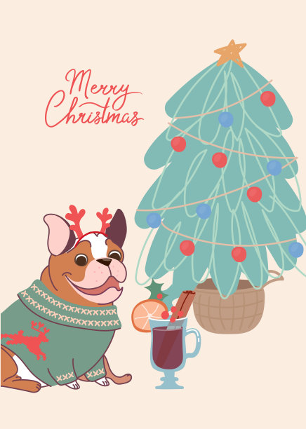 圣诞贺卡上的法国斗牛犬。向量贺卡在平面风格与字母圣诞快乐图片下载