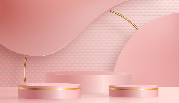 3d圆形讲台舞台，精美创意的剪纸风格符号，色彩背景，化妆品品牌设计和广告图片下载