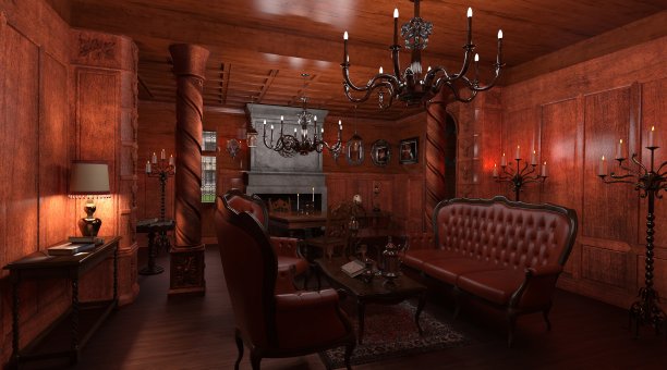 哥特式客厅风格的室内3d插图图片下载