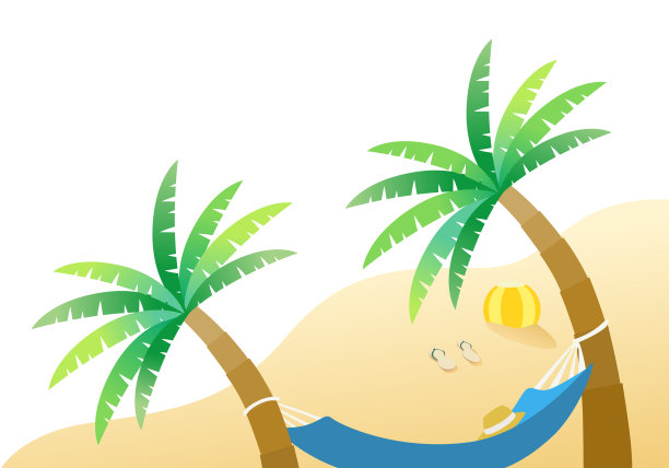 夏天背景说明。沙滩上的棕榈树和吊床，沙滩上的凉鞋和沙滩球。图片下载