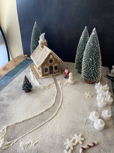 图片背后的食物摄影工作室的照片拍摄设置，拍摄室内自制的照片，姜饼屋装饰白色皇家糖霜显示在白雪，夜间针叶林场景图片下载