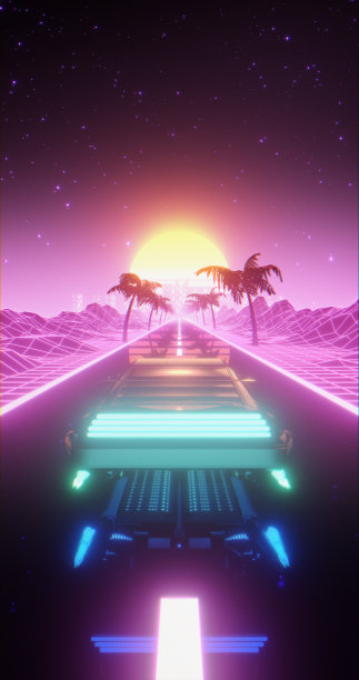 飞行汽车驾驶通过Retrowave景观图片下载