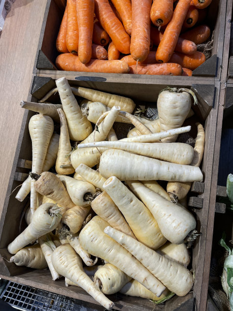 新鲜农产品市场装有欧洲防风草(Pastinaca sativa)和胡萝卜(Daucus carota subsp。Sativus)，高视野，聚焦前景图片下载