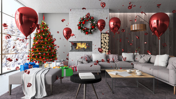 现代客厅中的圣诞树和礼物图片下载