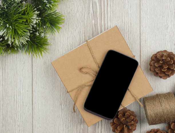 圣诞模型与智能手机。圣诞树和电话装在盒子里。圣诞节和新年网上购物。图片下载
