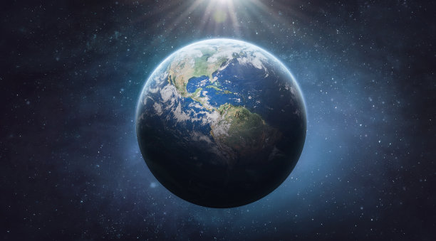 在深空有阳光的地球。地球空间墙纸。这张图片的元素由美国宇航局提供图片下载