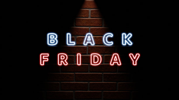 黑色星期五霓虹灯标志在砖墙背景上。发光的蓝色和红色霓虹灯文字广告和促销。旗帜和背景，海报，宣传册和传单设计概念。3 d演示呈现图片下载