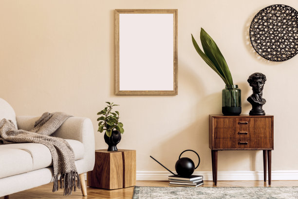 设计斯堪的纳维亚家庭客厅室内。米色墙。现代的家里举办。模板。Japandi。图片下载