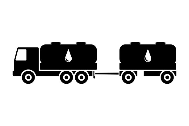 油罐车，带有拖车图标的油罐车。黑色的轮廓。侧视图。石油产品运输。矢量平面图形插图。白色背景上的孤立对象。隔离。图片下载