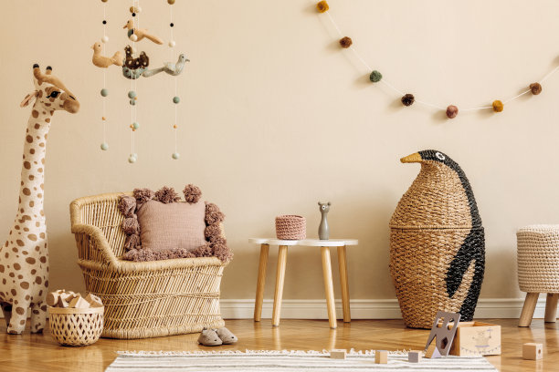 时尚的斯堪的纳维亚儿童房间的玩具，泰迪熊，毛绒动物，自然pouf和儿童配件。现代室内与米色背景墙。模板。设计家里举办。图片下载
