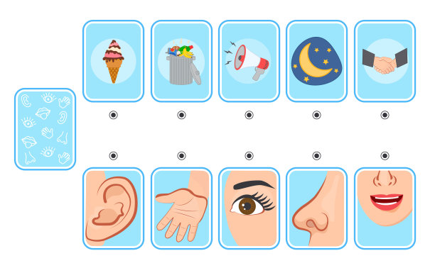 游戏对孩子。卡片。五种感官。视觉、触觉、听觉、嗅觉和味觉。图片下载