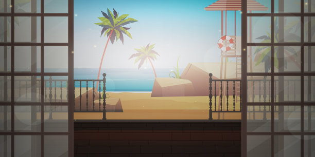 清晨海滩景观附近的房子。从别墅阳台看到的海景。卡通风格。向量图片下载