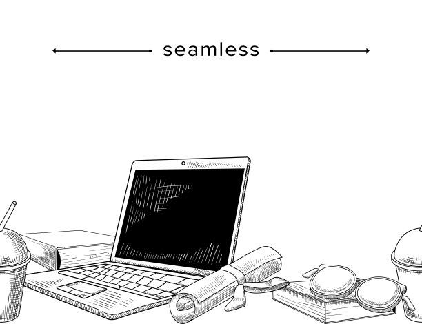 无缝模式工作场所办公桌，工作空间与咖啡杯，文件，笔记本电脑，眼镜和文具，工作场所图片下载