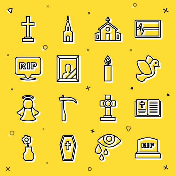 设置线墓碑与RIP写，圣经书，鸽子，教堂建筑，哀悼相框，演讲泡泡撕裂死亡，坟墓十字架和燃烧的蜡烛图标。向量图片下载