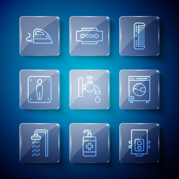 设置线淋浴，洗手液瓶，燃气锅炉，发刷，水龙头，男性厕所，电熨斗和洗衣机图标。向量图片下载