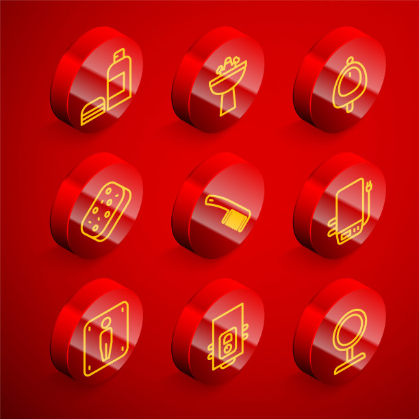 洗发香波瓶，带水龙头的洗脸盆，厕所小便池，海绵，发刷，电锅炉，男厕所和煤气图标。向量图片下载