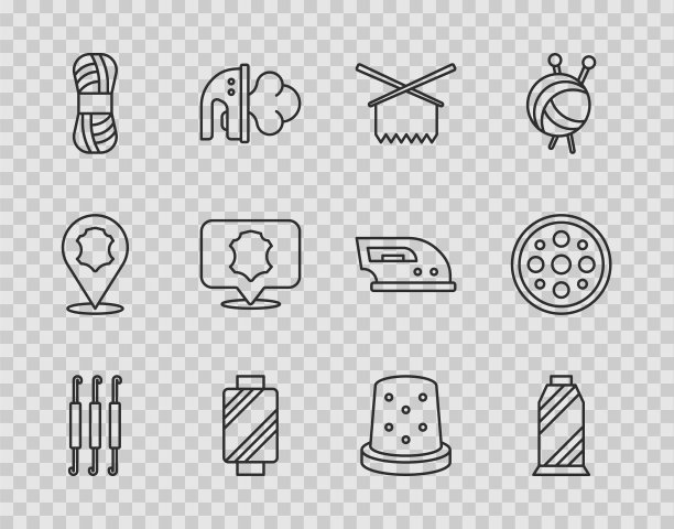 设置线钩针钩，线轴缝纫线，针织针，纱线，皮革，针针缝纫和按钮图标。向量图片下载