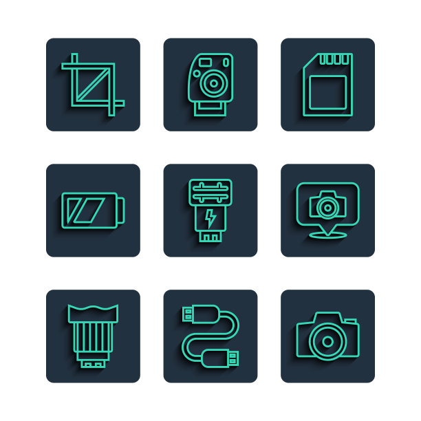设置线相机照片镜头，USB数据线，相机，SD卡，闪光灯，电池，图片裁剪和图标。向量图片下载