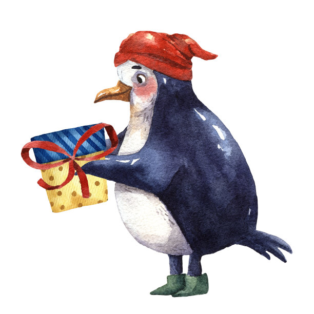 pininguin的水彩画插图。可爱的动物。有趣的鸟。圣诞快乐插图。手绘艺术。卡通艺术。圣诞贺卡。童话的艺术。有趣的海鸟。红色的帽子和礼物。溜冰鞋。图片下载
