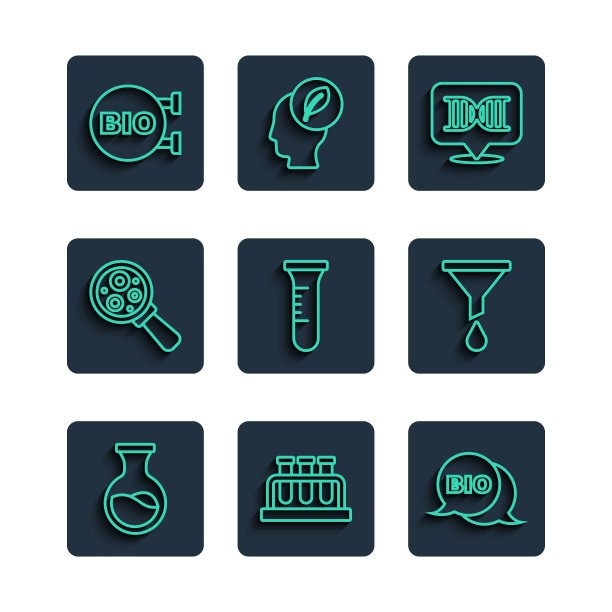 试管和烧瓶，生物健康食品，DNA符号，放大镜下的微生物，漏斗过滤器图标。向量图片下载
