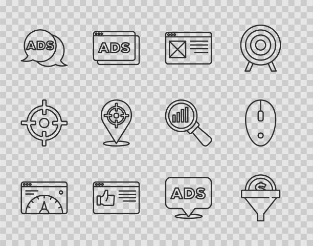 设置线网站统计，领导管理，浏览器窗口，广告，目标运动，电脑鼠标图标。向量图片下载
