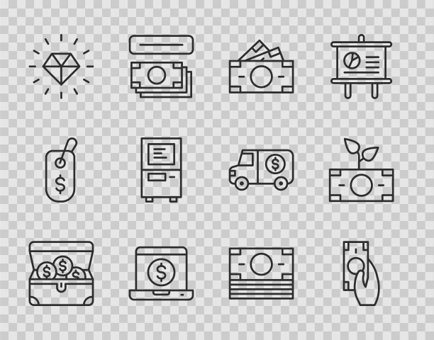 设置线宝箱，快速支付，堆叠纸币现金，笔记本电脑与美元，钻石，ATM机，和钱的盆栽图标。向量图片下载