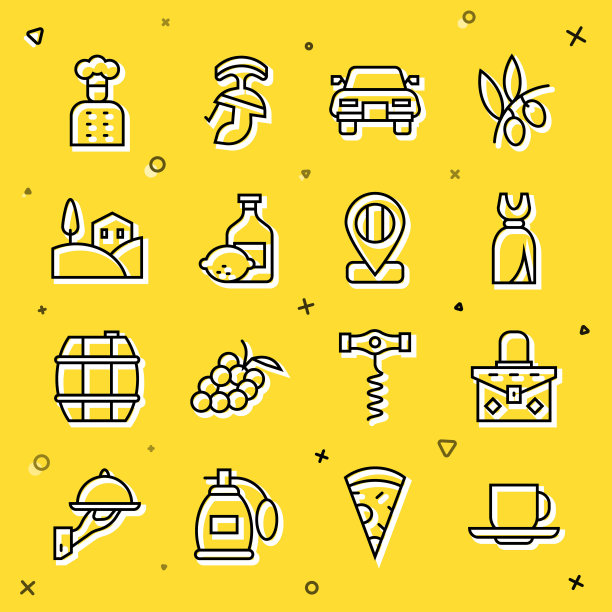 集咖啡杯，手袋，女装，汽车，柠檬酒瓶，乡村景观，意大利厨师和位置旗意大利图标。向量图片下载