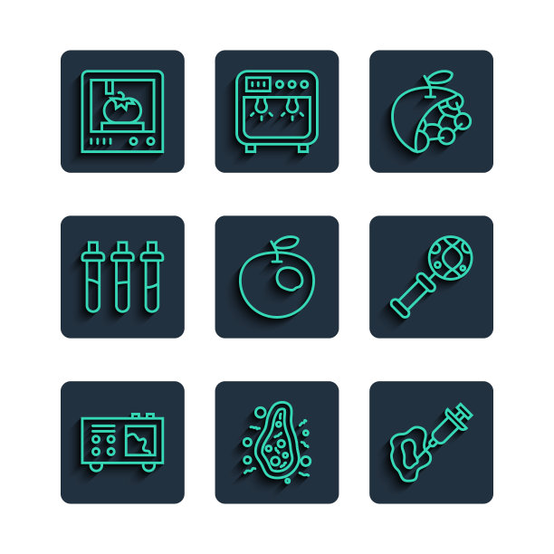 设置线谱仪，细菌，注射器，生物结构，转基因苹果，试剂瓶，3D打印技术和DNA研究，搜索图标。向量图片下载